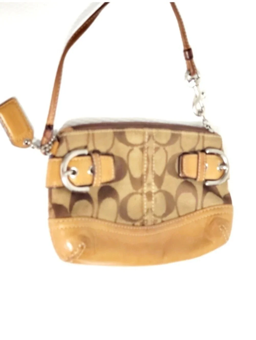 Coach Buckle Signature Canvas And Vachetta Leather Wristlet